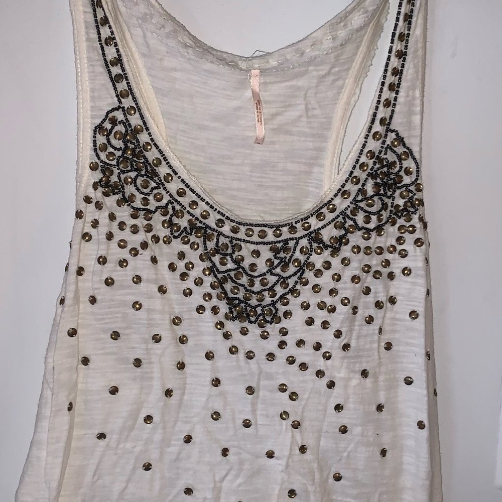Free People White Gold/Silver Beaded Tank